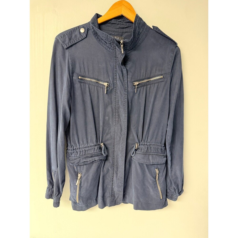 Trixxi Utility Jacket Womens Medium Navy Tencel Drawstring Waist Zip Pockets